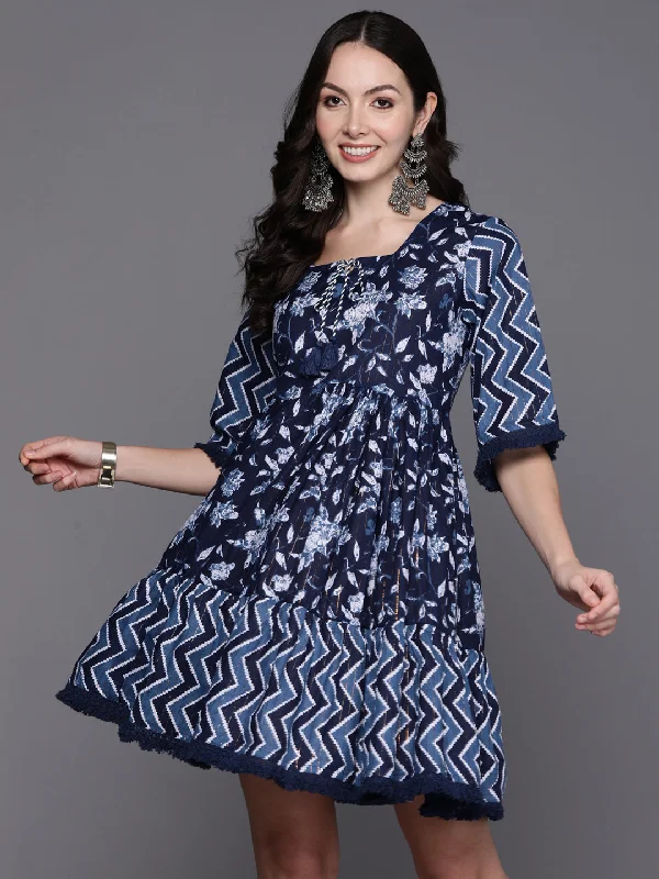 Women's Blue Printed A-Line Casual Dress - Indo Era