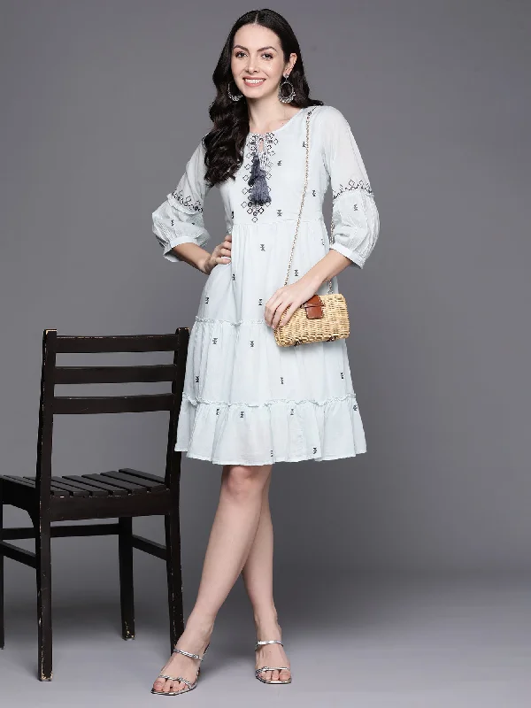 Women's Blue Embroidered A-Line Smart Casual Dress - Indo Era