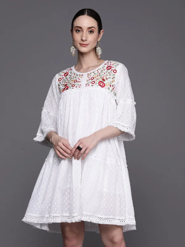 Women's White Embroidered A-Line Ethnic Dress - Indo Era