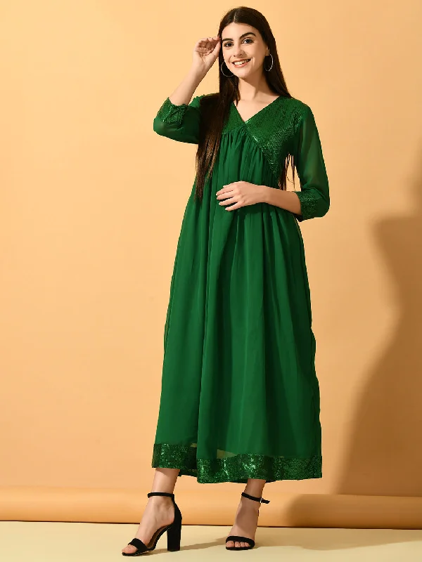 Women's Green Fit And Flare  Party  Dress - Myshka