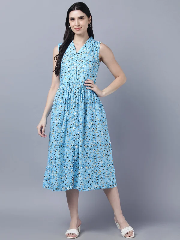 Women's Blue Floral Midi Dress - Myshka