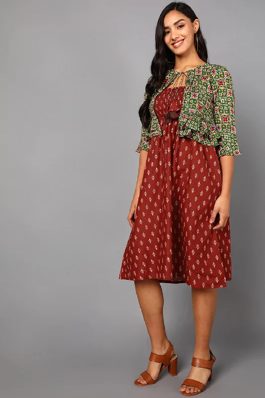 Women's Red Cotton Ethnic Motifs Printed Dress  - Ahika