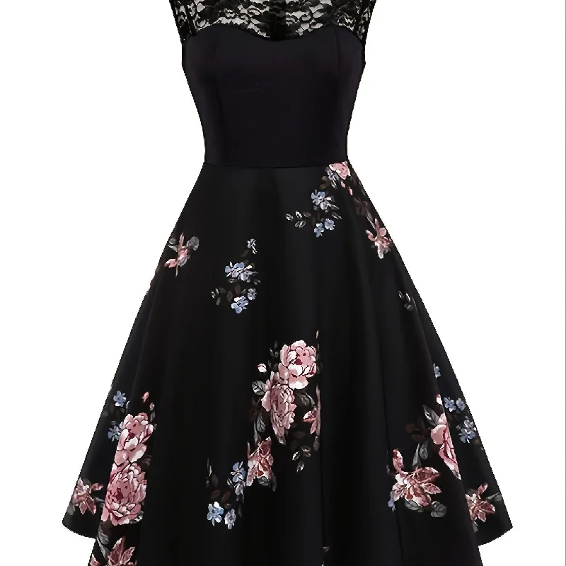 Women's Dresses Contrast Lace Vintage Dark Peony Print Sleeveless Dress