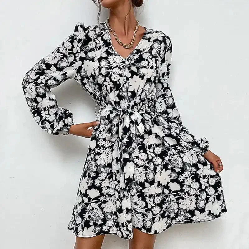 Women’s Floral Print Long-sleeve Fit Waist Tie And Flare Dress