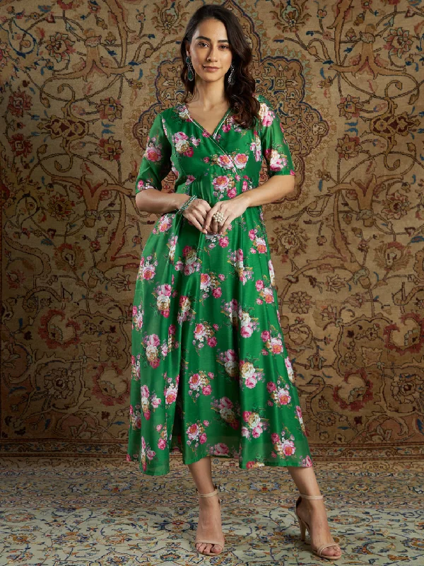 Women's Green Chanderi Floral Anarkali Dress - Lyush