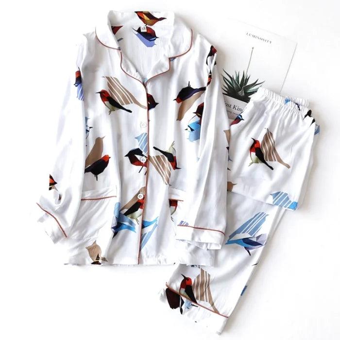 Birds Print Satin Pajama Long sleeve unclassified dresses