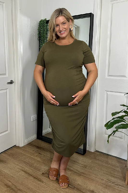 Jasper Ruched Maternity Dress - Dark Olive Boho unclassified dresses