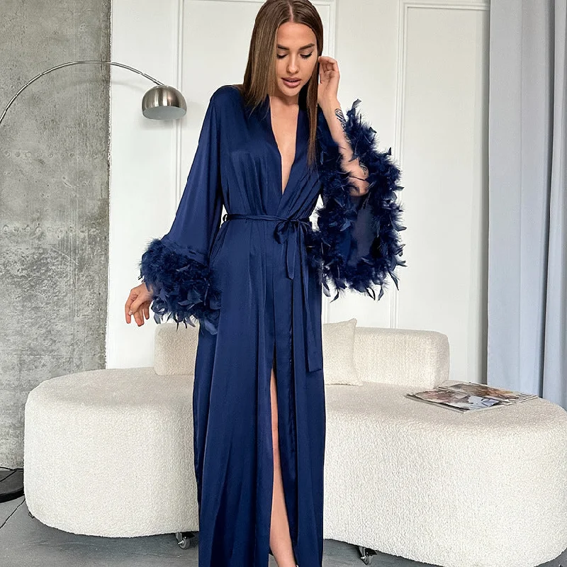 Navy Blue Satin Kimono Robe Tiered unclassified dresses